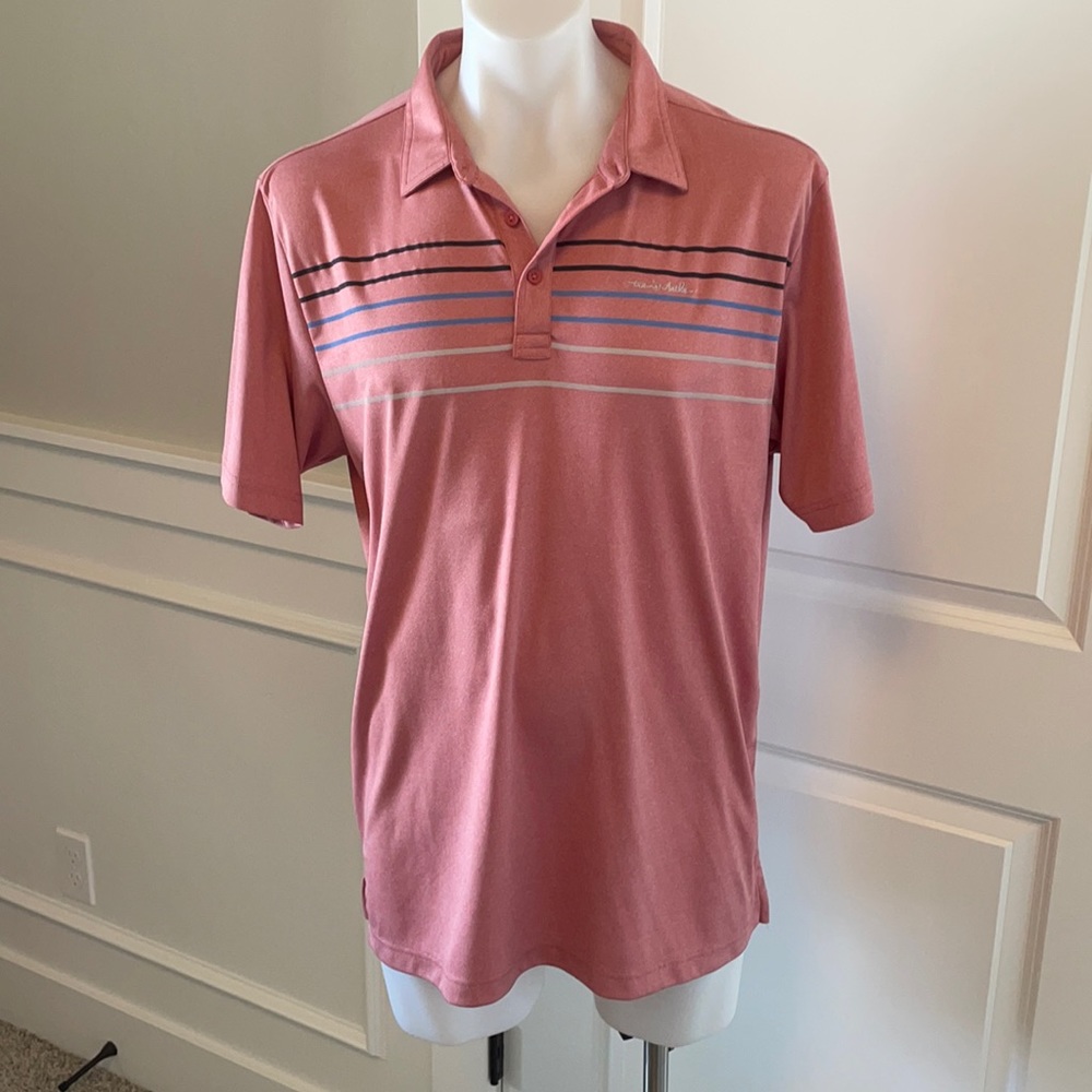 Travis Mathew Men's Dusty Rose Polo with Horizontal Stripe Accents